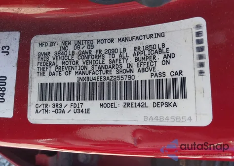 2010 Toyota Corolla S from USA, damaged, VIN 1NXBU4EE3AZ255790